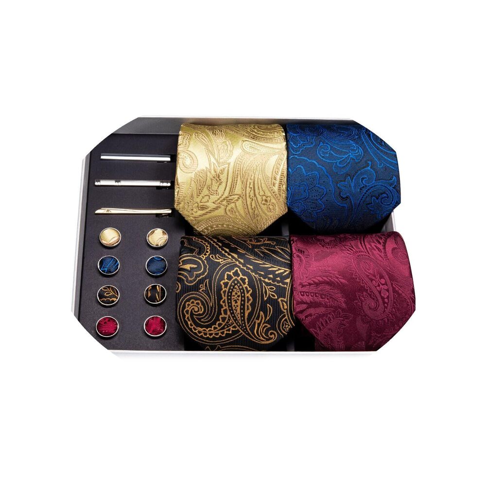9501 Black/Gold/Blue/Red Ties Set Necktie Clip and Handkerchief Cufflink